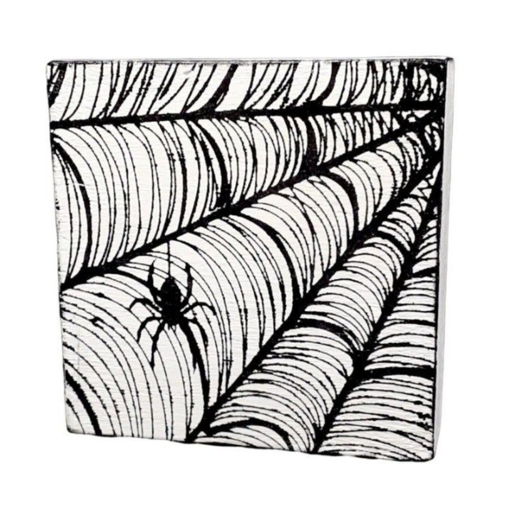 Spiderweb Wood Block Sign Handmade 4" Reversible Halloween Tiered Tray Decor